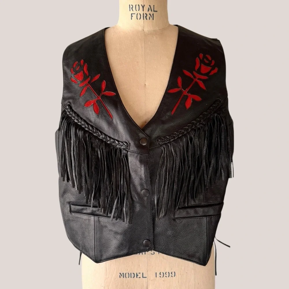Vintage MOB Genuine Leather Black Red Rose Fringe Vest - Picture 4 of 10